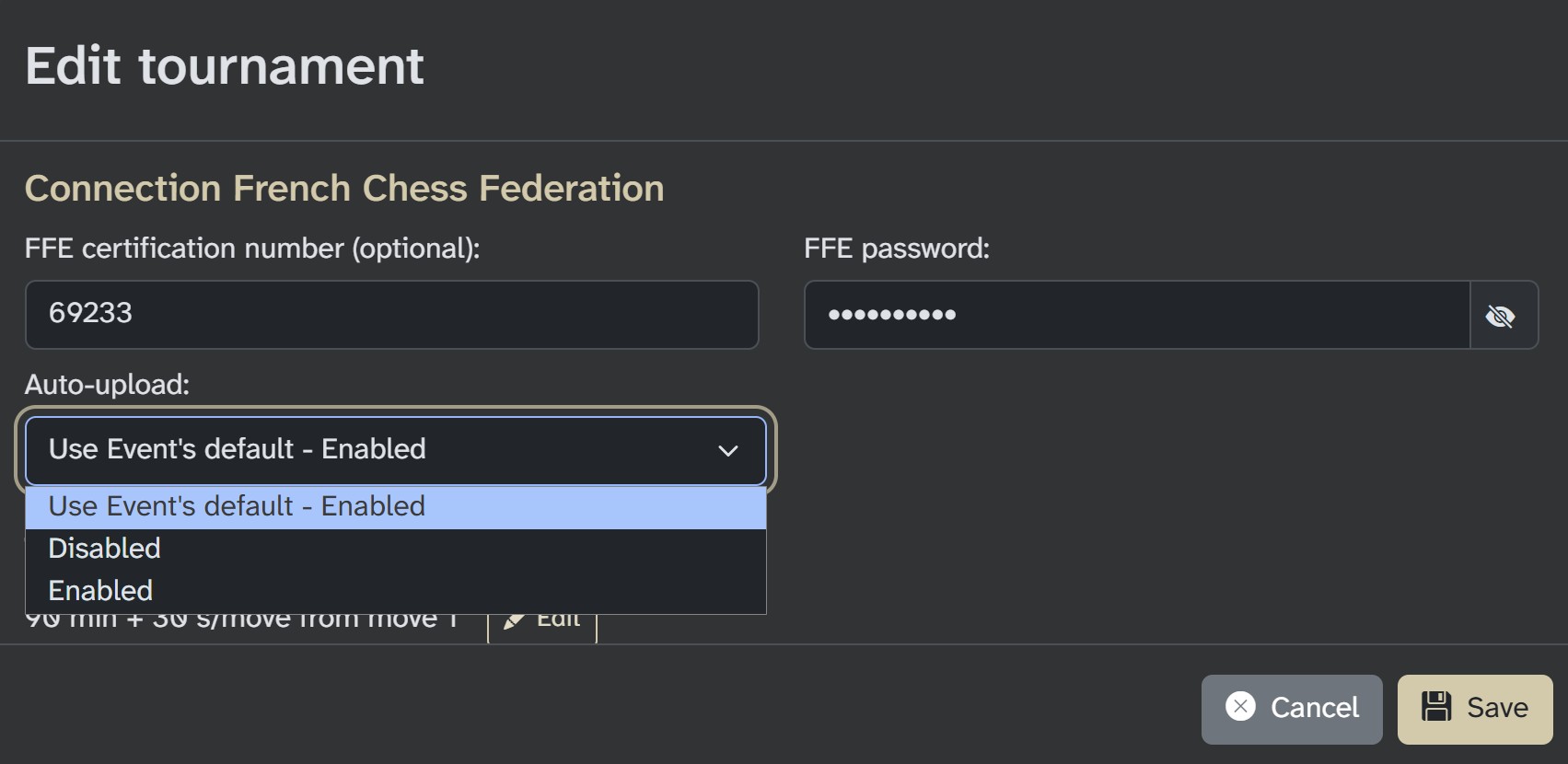 Enabling automatic upload for a tournament